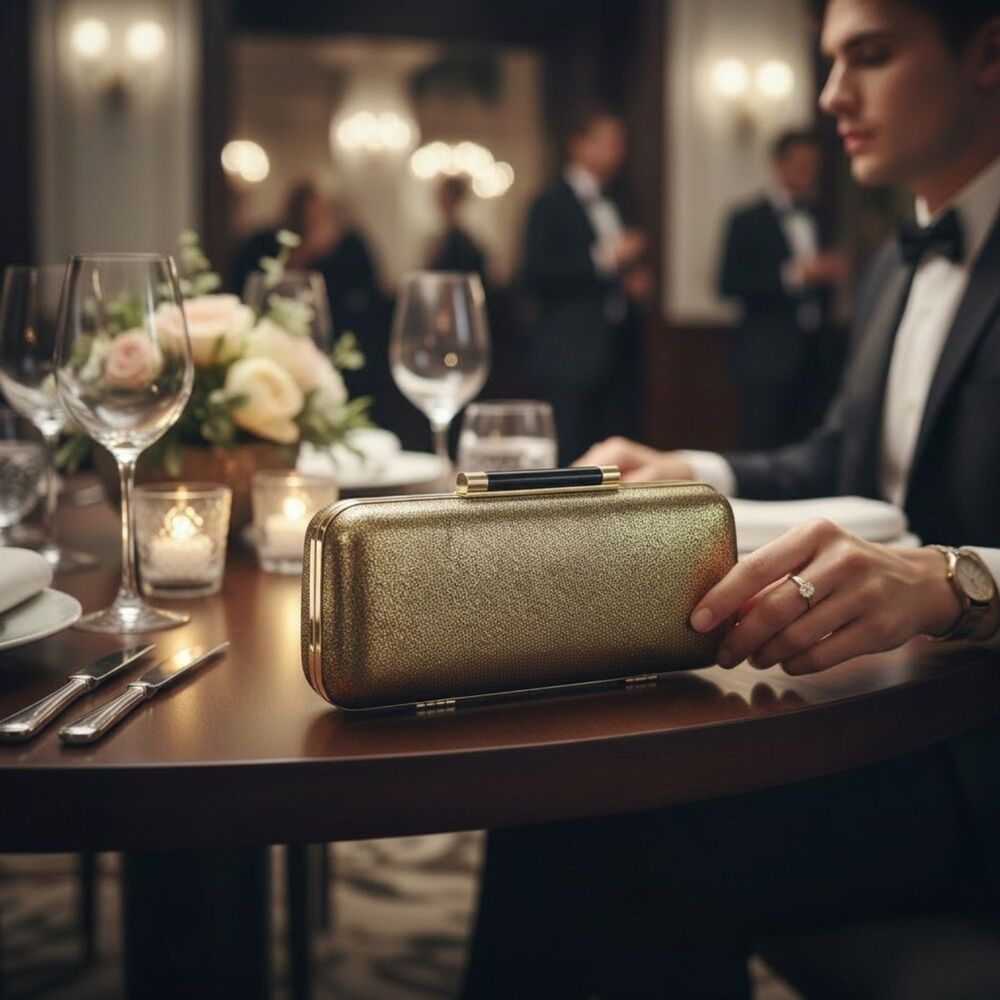 Kate Landry Gold Metallic Glitter Hard Shell Evening Clutch Crossbody Bag
